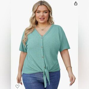 Olrik plus size light green tie front top 2X Waffle knit Sage Green
